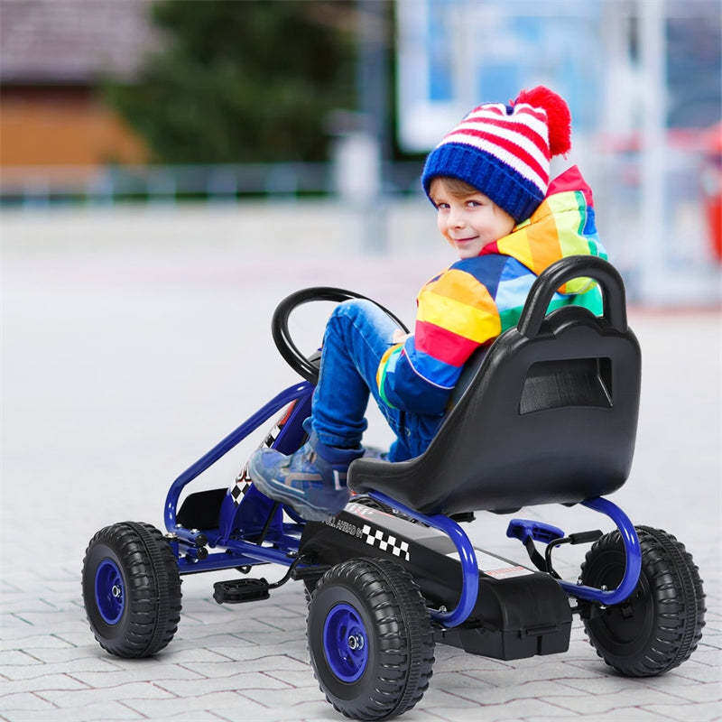 Kids Pedal Go Kart, 4-Wheel Pedal Powered Go Kart with Adjustable Seat, Steering Wheel & Safety Handbrake, Off-Road Go Kart for Boys & Girls