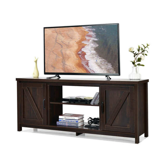 59" Fireplace TV Stand for TVs Up to 65", Farmhouse Wooden Media Console Table with Barn Doors, Storage Cabinet, Adjustable Shelves
