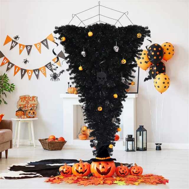 6FT Pre-Lit Upside Down Christmas Tree with 270 Purple LED Lights, Black Halloween Tree Artificial Inverted Xmas Tree for Holiday Party Decor