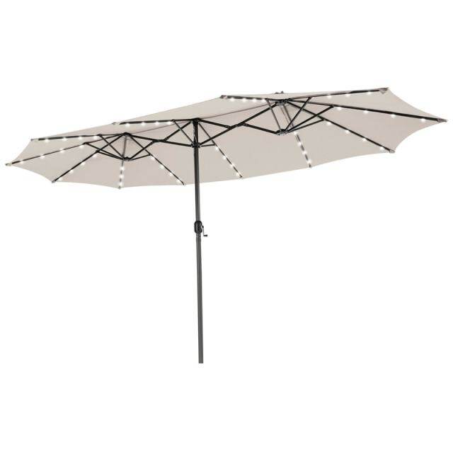 15FT Double-Sided Patio Umbrella with 48 Solar LED Lights & Crank Handle, Extra Large Outdoor Market Umbrella for Poolside, Deck, Backyard