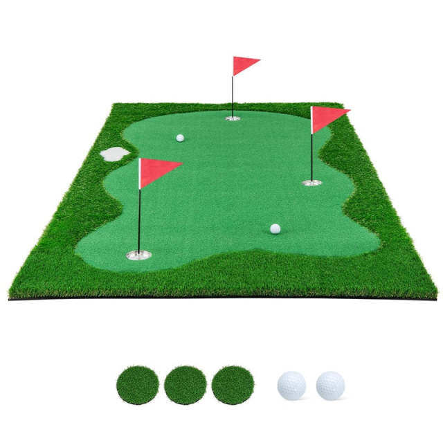 10 x 5FT Golf Putting Green, Large Professional Putting Mat with Artificial Grass Turf, 3 Holes & Flags, Golf Training Aid for Indoor Outdoor Practice