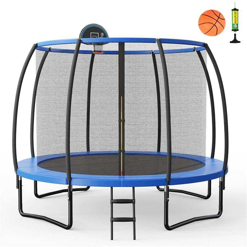 12FT Recreational Trampoline ASTM Approved Large Trampoline with Safety Enclosure Net Ladder Basketball Hoop & Ballpump