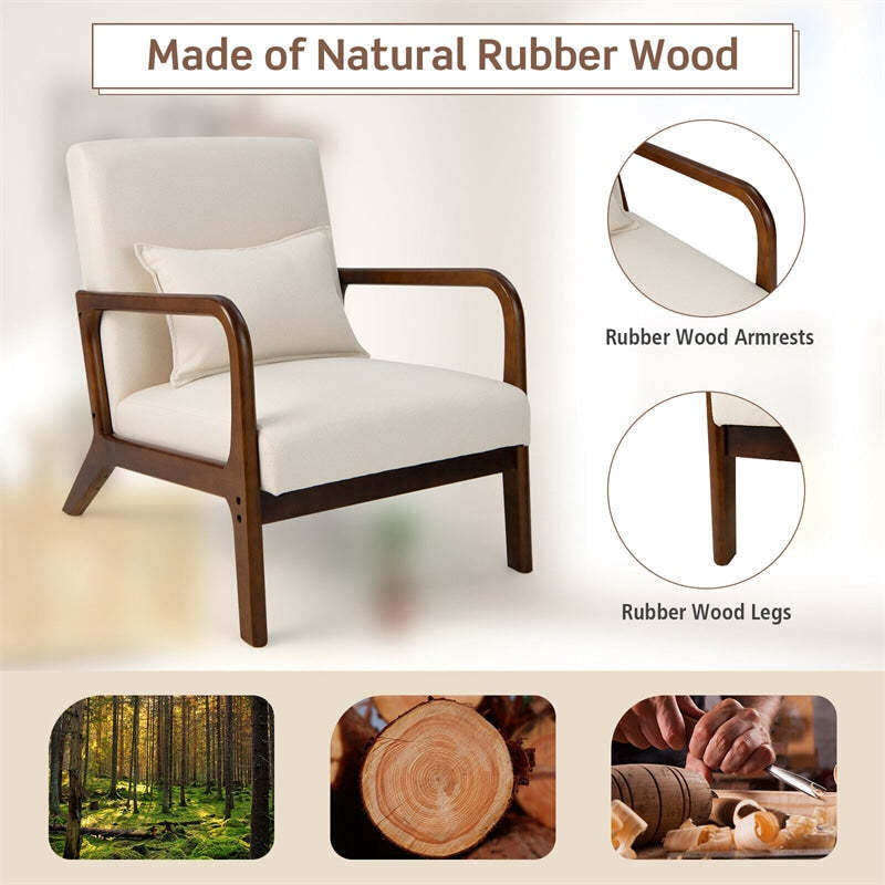 Modern Accent Chair, Upholstered Leisure Armchair with Lumbar Pillow, Rubber Wood Frame, Soft Padded Cushion for Living Room, Bedroom, Office