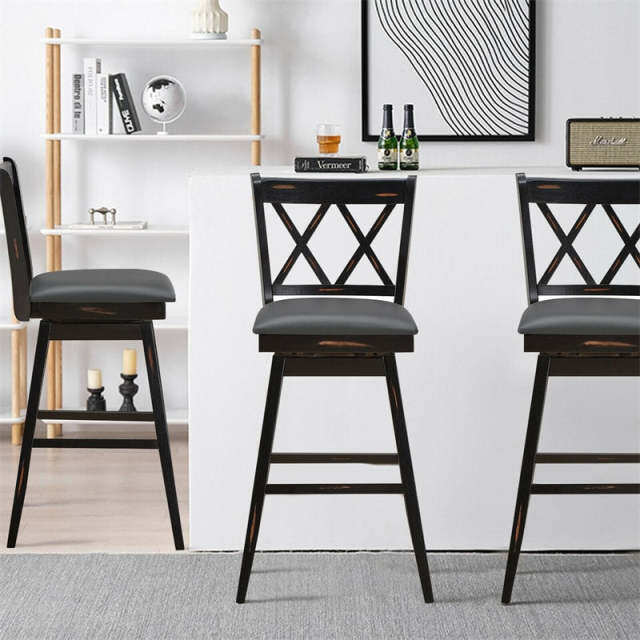 Swivel Bar Stools Set of 2, Rubber Wood 29.5" Counter Height Dining Chairs with Upholstered Cushions, Ergonomic Backrests & Footrests