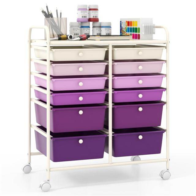 12-Drawer Rolling Storage Cart, Multipurpose Organizer Cart with Lockable Casters, Mobile Utility Cart for School Office Beauty Salon
