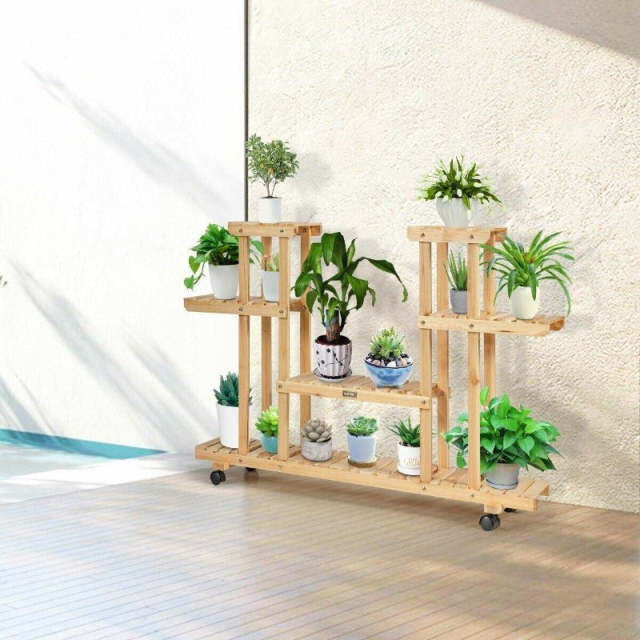 4 Tier Wood Plant Stand Rolling Flower Rack with 4 Wheels