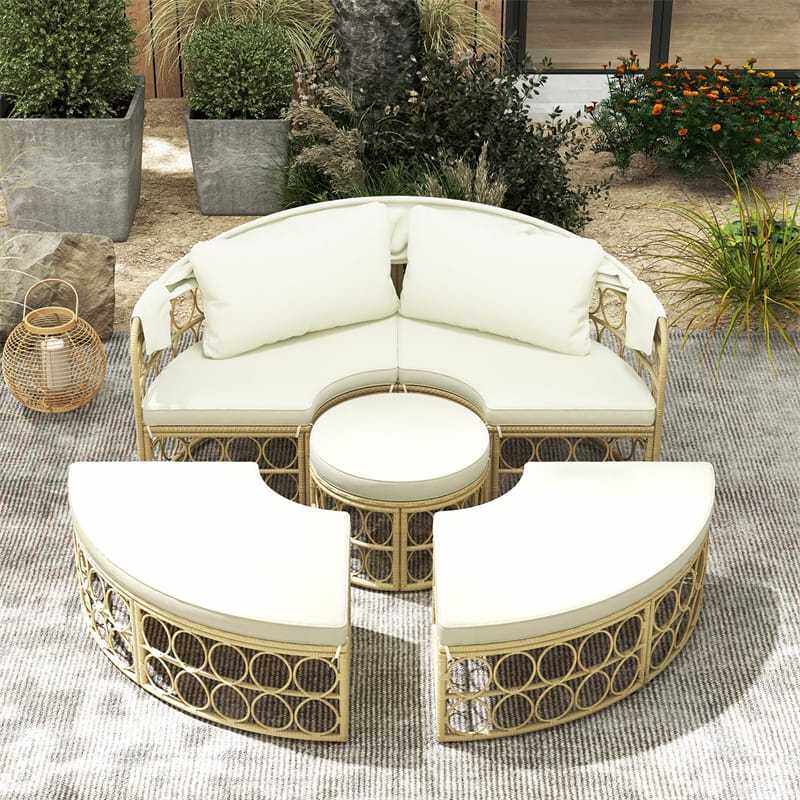 Outdoor Patio Round Daybed with Retractable Canopy, PE Rattan Wicker Sectional Seating Furniture with Soft Cushions & Pillows for Garden Yard