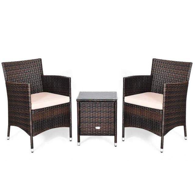Bestoutdor 3 Piece Patio Rattan Furniture Set, Outdoor Wicker Bistro Set with Cushions & Glass Top Coffee Table for Garden, Porch, Lawn