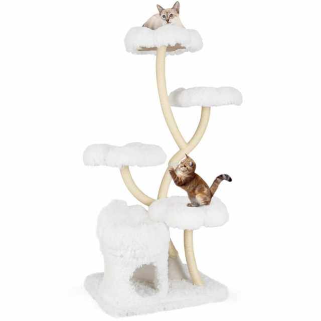 65" Tall Multi-Level Cat Tree, Freestanding Cat Tower w/2-in-1 Cat Condo, Plush Flower Platforms & Sisal Scratching Posts for Large Indoor Cats