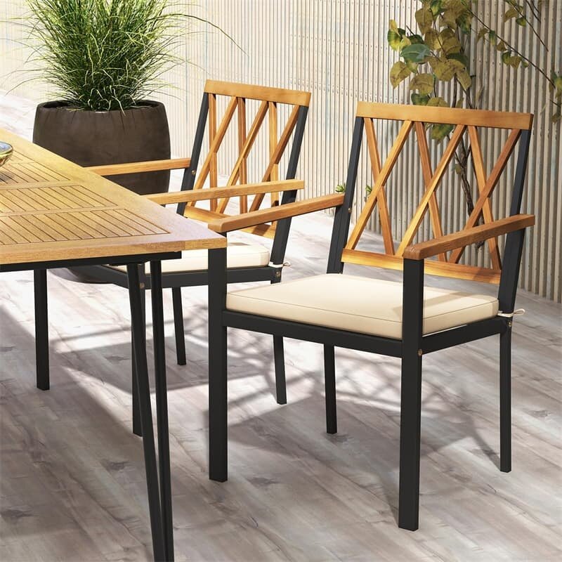 Metal Patio Dining Chairs with Removable Padded Cushions, Acacia Wood Backrests & Armrests, 400LBS Capacity Outdoor Bistro Chairs Crossed Back