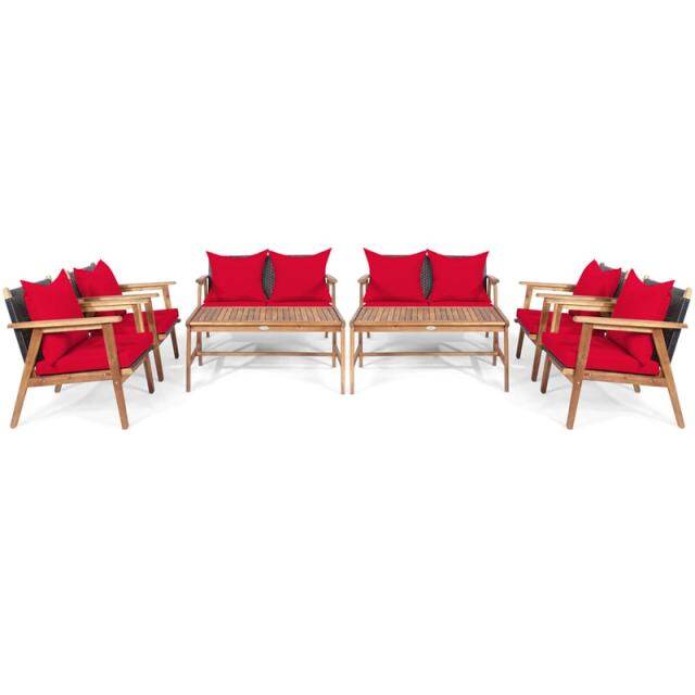 4 PCS Rattan Patio Chat Set Acacia Wood Coffee Table Chair Set with Seat Back Cushions