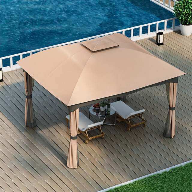 2 x 10FT Heavy Duty Steel Patio Gazebo, Double Vented Outdoor Canopy with Mesh Screen Netting & Zippered Privacy Curtains for Deck Garden Yard