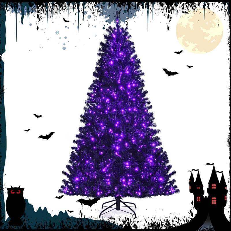 7FT Pre-Lit Black Christmas Tree with 500 Purple LED Lights, 1096 Branch Tips & Metal Stand, Hinged Artificial Halloween Tree for Holiday Decor