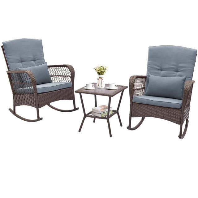 3-Piece Rattan Patio Rocker Set with 2 Rocking Chairs, Tempered Glass Coffee Table & Cushions, Outdoor Bistro Set for Porch, Poolside, Backyard