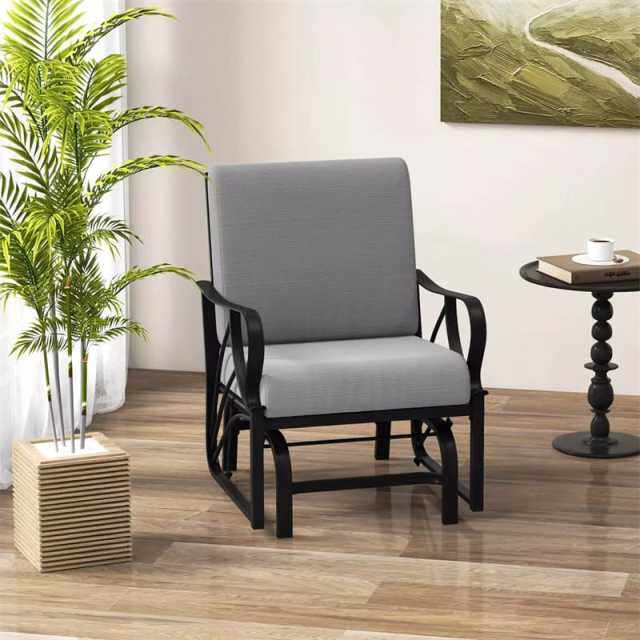 Outdoor Glider Rocking Chair with Cushion, Curved Armrest & Metal Frame, Ergonomic Patio Glider Chair for Porch, Backyard, Poolside