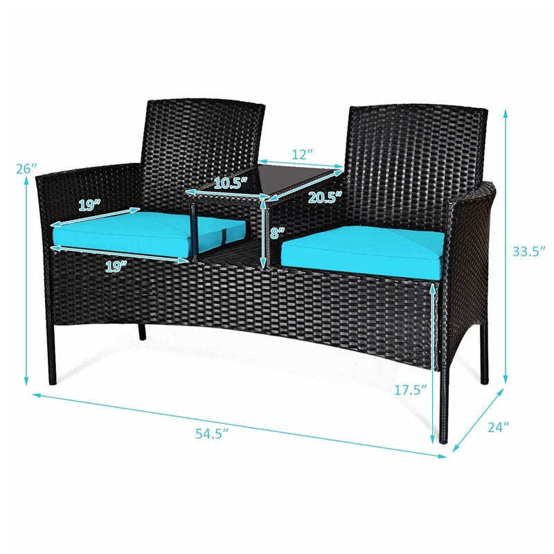 Modern Rattan 2-Seater Patio Furniture Set with Built-in Tempered Glass Table & Removable Cushions, Outdoor Furniture for Backyard, Garden