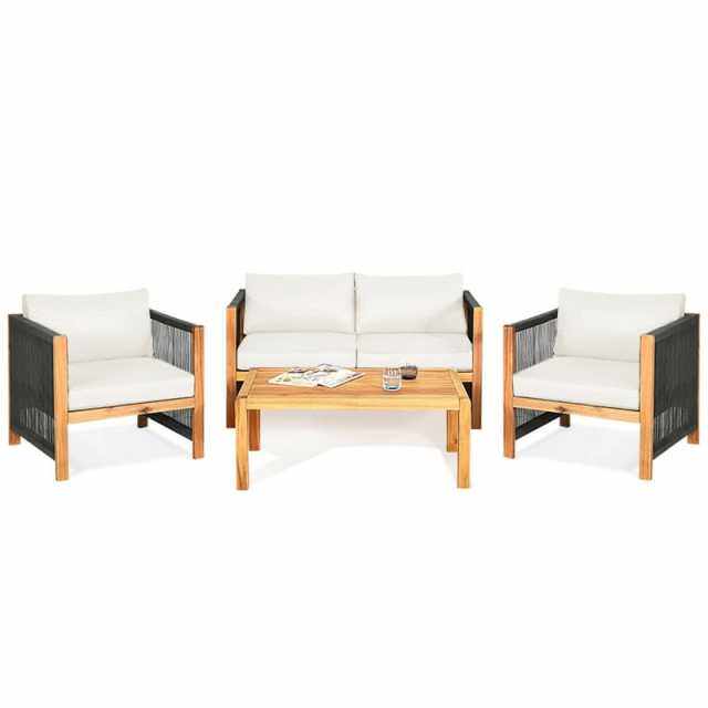 4 Piece Wood Patio Conversation Set Acacia Frame Outdoor Loveseat Sofa Set with Coffee Table & Cushions