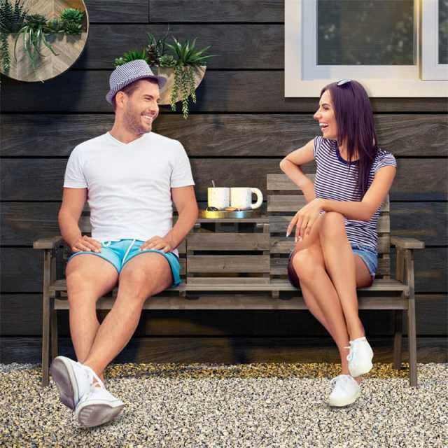 Outdoor Fir Wood Bench with Foldable Middle Table, 710lbs Capacity, 2-3 Person Garden Bench with Backrest & Armrests, Slatted Seat Bench for Porch