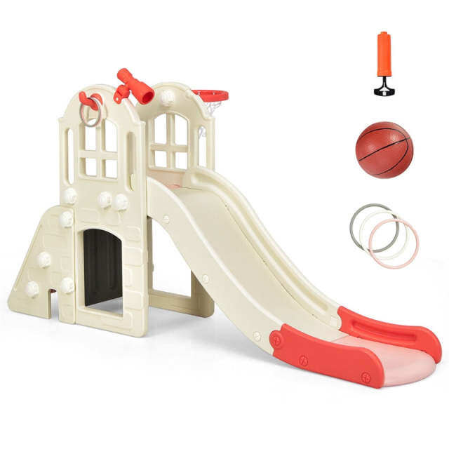 6-in-1 Large Slide for Kids, Toddler Climber Slide Playset with Basketball Hoop, Ring Toss, Freestanding for Indoor & Outdoor Use