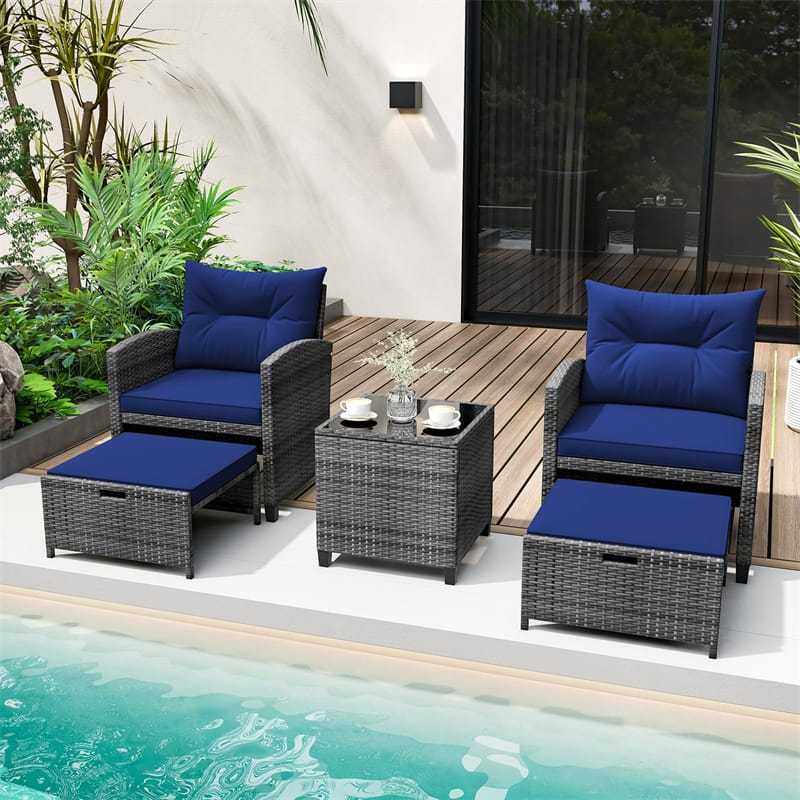 5-Piece Patio Rattan Furniture Set, Wicker Cushioned Chairs with 2 Ottomans & Tempered Glass Coffee Table for Backyard, Lawn, Poolside, Deck