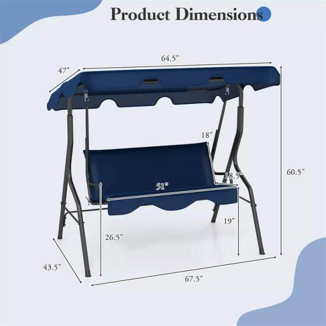 3-Seat Patio Swing with Adjustable Canopy & Removable Cushion, Powder-Coated Steel Frame Outdoor Porch Swing for Backyard, Garden, Balcony