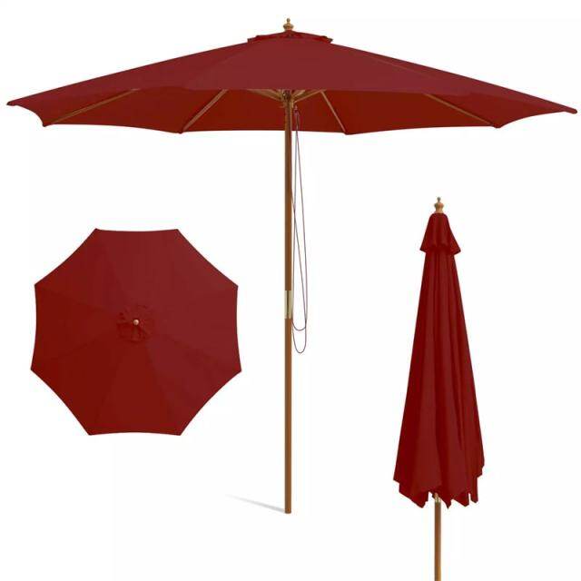 10FT Wooden Patio Umbrella with Rope Pulley Lift, 3 Height Adjustments, 8 Bamboo Ribs, Vented Roof Outdoor Table Umbrella for Poolside, Backyard