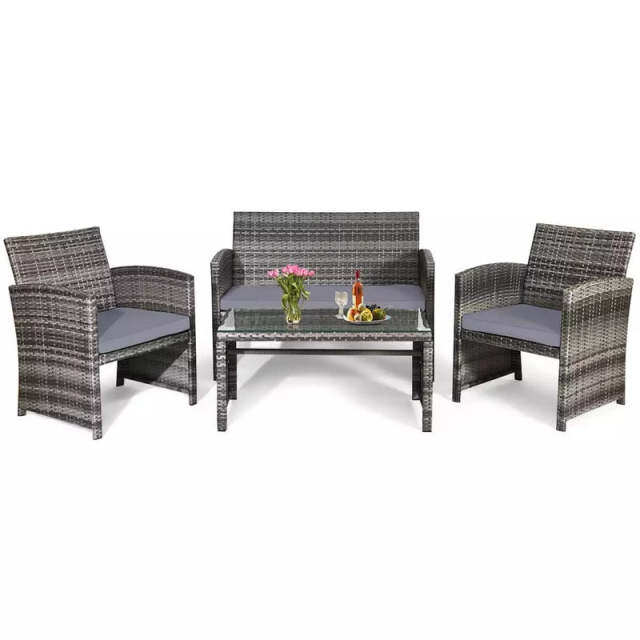 4-Piece Patio Wicker Conversation Set, Outdoor Rattan Sofa Chairs with Cushions & Tempered Glass Coffee Table for Balcony, Backyard, Garden