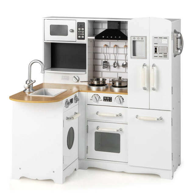 Kids Wooden Corner Kitchen Playset, 11-in-1 Little Chef Pretend Play Kitchen Toy Set with Realistic Washer, Microwave, Range Hood, Fridge & Telephone
