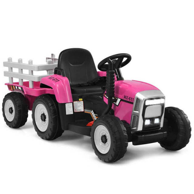 12V Kids Ride-On Tractor with Detachable Trailer, 3-Gear Ground Loader, LED Lights, Remote Control, Battery Powered Tractor Toy for Ages 3+
