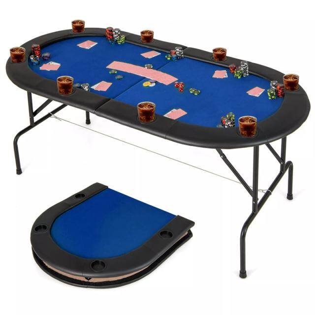 8-Player Poker Table, Foldable Card Board Game Table with Cup Holders, Casino-Grade Felt, Portable Texas Holdem Table for Blackjack Casino Games