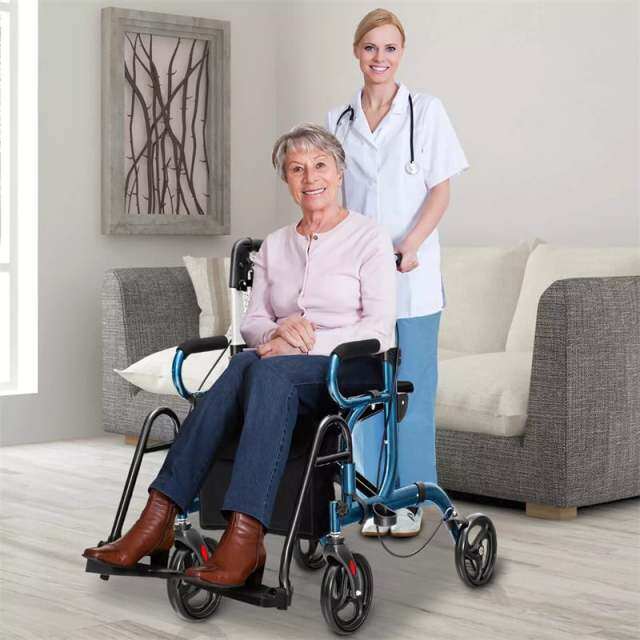 2-in-1 Rollator Walker for Seniors, Folding Medical Walker Transport Chair with Seat, 8" Wheels, 350lbs Capacity, Aluminum Mobility Walking Aid