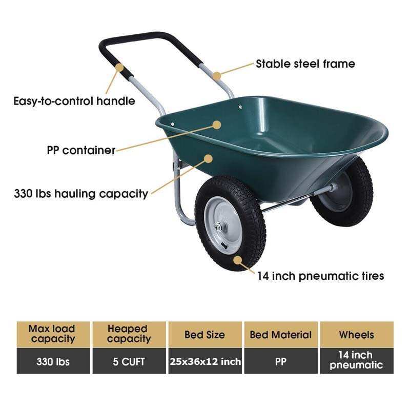 Dual-Wheel Wheelbarrow, 330lb Capacity Heavy Duty Garden Cart with Pneumatic Tires & Easy-Dump for Lawn, Farm & Construction