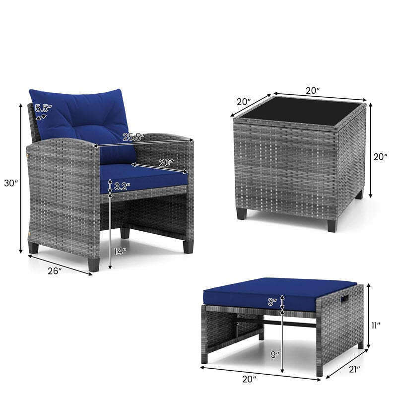 5-Piece Patio Rattan Furniture Set, Wicker Cushioned Chairs with 2 Ottomans & Tempered Glass Coffee Table for Backyard, Lawn, Poolside, Deck