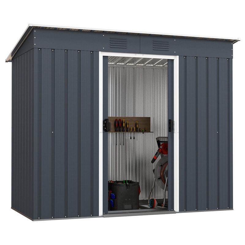 3.6' x 7.1' Outdoor Metal Storage Shed with Floor Base & Lockable Door, Weather-Resistant Garden Tool House for Backyard Patio Lawn