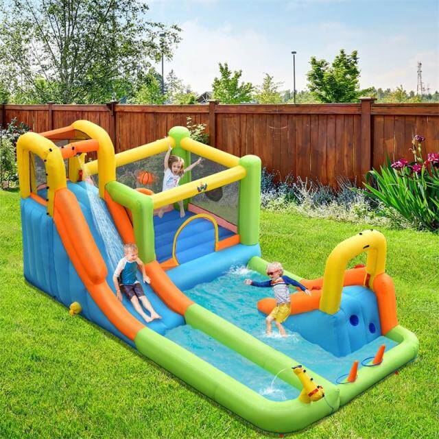 Inflatable Water Slide, 8-in-1 Mega Waterslide Park Bounce House with 735W Blower, Splash Pool & Long Slide for Backyard Parties, Kids & Adults
