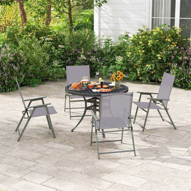 2PCS Outdoor Folding Chairs Weather-Resistant High Back Patio Dining Chairs Metal Frame Portable Chairs with Armrests & Footrest