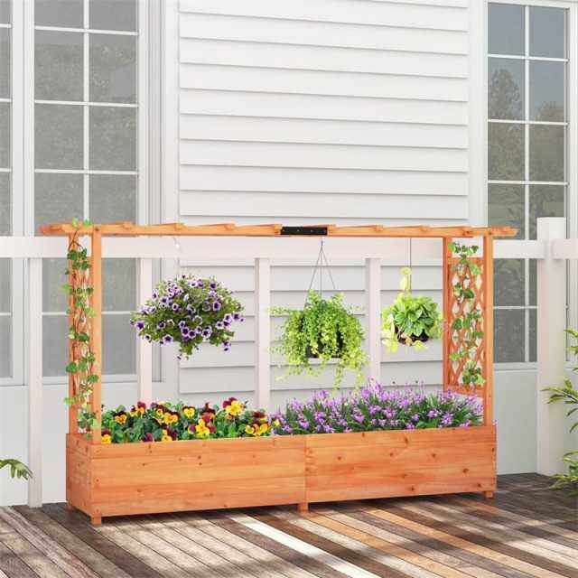 Raised Garden Bed with 2-Sided Trellis, Hanging Roof, Drainage Holes, Standing Fir Wood Planter Box for Flowers, Herbs, Climbing Vines, Garden Patio