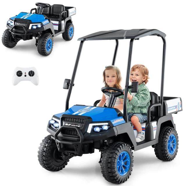 24V Kids Golf Cart, 4WD 2-Seater Electric Ride-On Car with Sun Shade, Storage Trunk, Remote Control & LED Lights for Boys & Girls Ages 3+