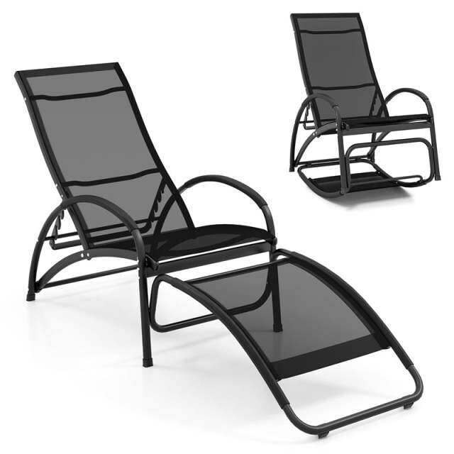 2PCS 2-in-1 Outdoor Rocking Chairs, Convertible Lounge Chairs with 4-Position Adjustable Backrest, Curved Armrest, Aluminum Frame for Poolside, Porch