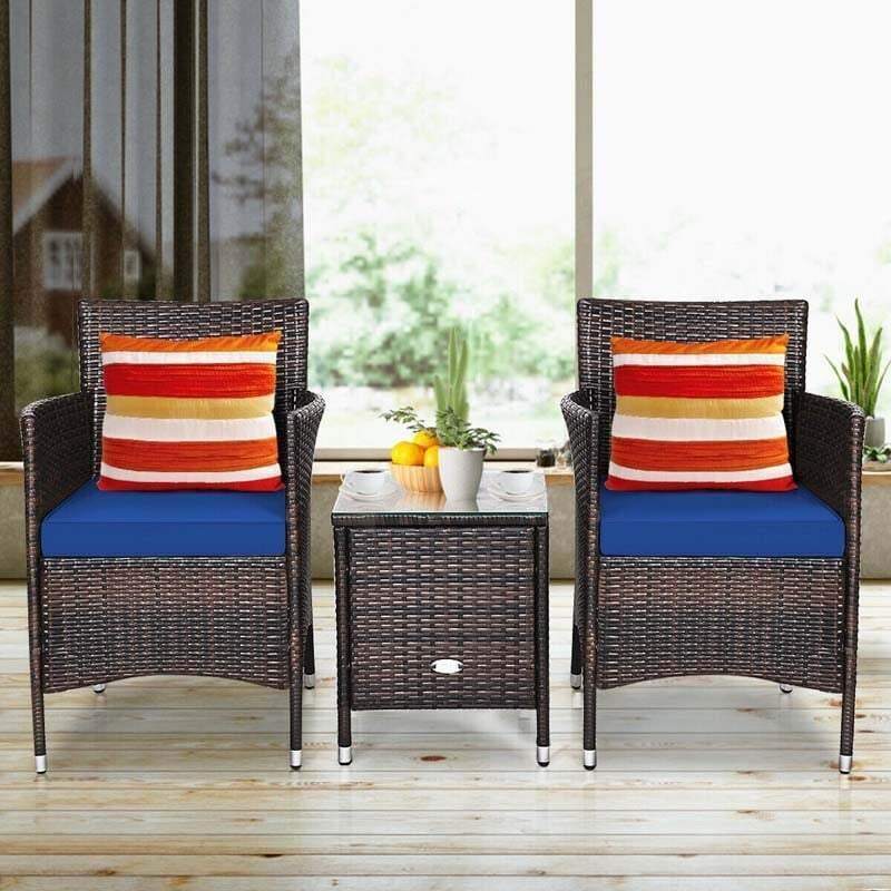 Bestoutdor 3 Piece Patio Rattan Furniture Set, Outdoor Wicker Bistro Set with Cushions & Glass Top Coffee Table for Garden, Porch, Lawn