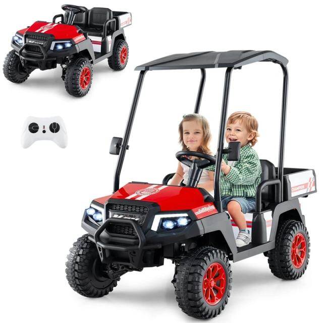 24V Kids Golf Cart, 4WD 2-Seater Electric Ride-On Car with Sun Shade, Storage Trunk, Remote Control & LED Lights for Boys & Girls Ages 3+