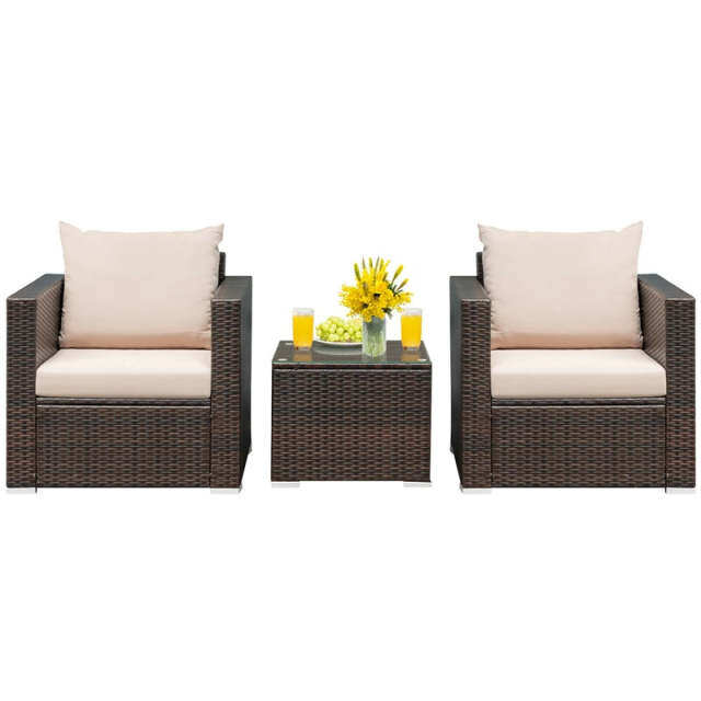 3 Piece Patio Conversation Set, Outdoor Rattan Sofa Furniture Set with Washable Cushions & Tempered Glass Coffee Table for Poolside Backyard