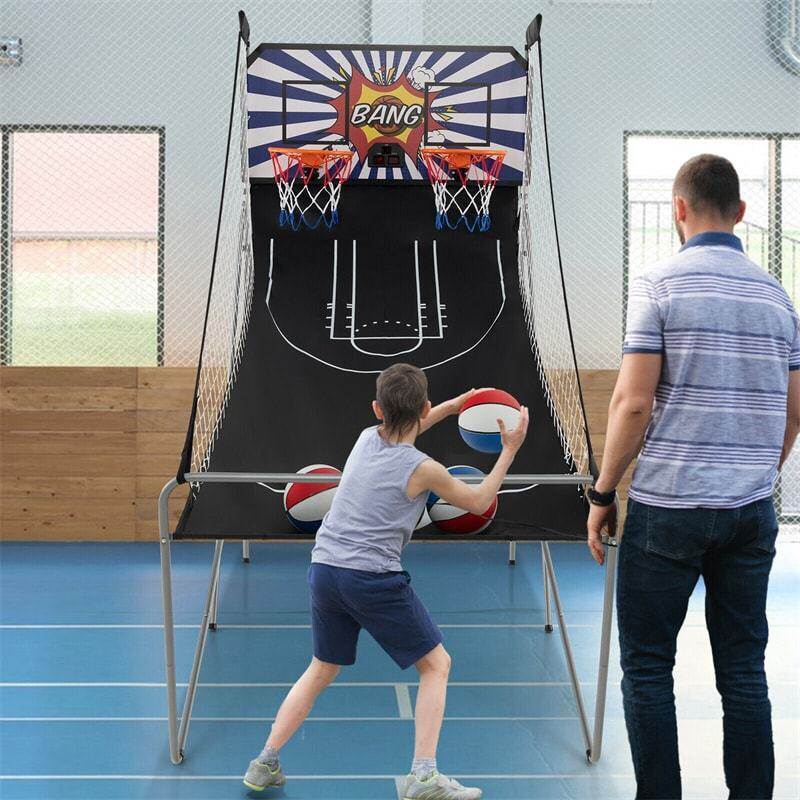 Folding Basketball Arcade Game, Dual Shot Basketball Hoop with 8 Game Modes, 4 Balls, LCD Scoreboard, Air Pump, Indoor Game for Kids & Adults