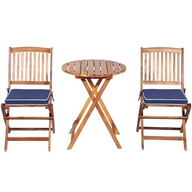 3PCS Patio Bistro Set Acacia Wood Folding Bistro Table Chair Set with Padded Cushions for Outdoor Garden Yard