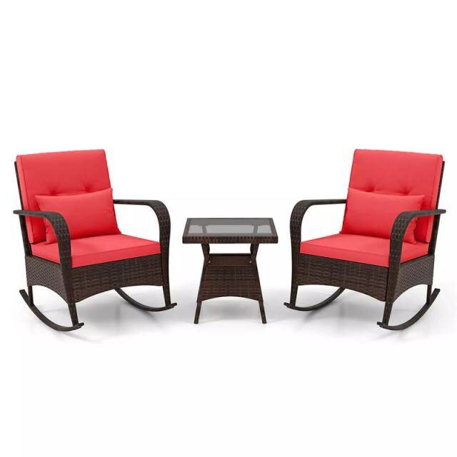 3-Piece PE Rattan Rocking Bistro Set with Removable Cushions & Tempered Glass Table, Outdoor Patio Furniture Set for Porch, Poolside, Backyard