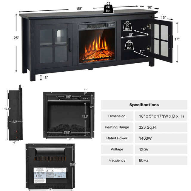 58" Electric Fireplace TV Stand for TVs up to 65", Entertainment Center with 1400W Fireplace, Remote Control, Thermostat & Adjustable Shelves