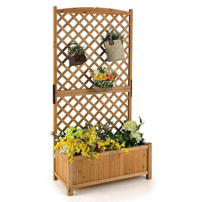 71" Wooden Raised Garden Bed with Trellis & Drainage Holes, Freestanding Planter Box for Vine Climbing Plants, Flowers, Indoor/Outdoor Yard Balcony