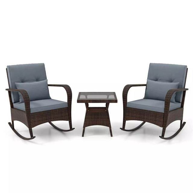 3-Piece PE Rattan Rocking Bistro Set with Removable Cushions & Tempered Glass Table, Outdoor Patio Furniture Set for Porch, Poolside, Backyard