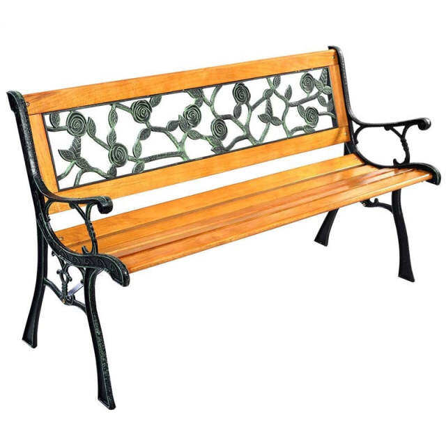 50" Outdoor Park Garden Bench Porch Path Chair Rose Cast Iron Hardwood Frame Porch Loveseat