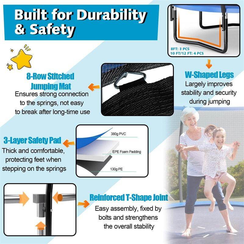 8FT Trampoline Outdoor Recreational Trampoline with Enclosure Net Safety Pad & Ladder for Kids Adults
